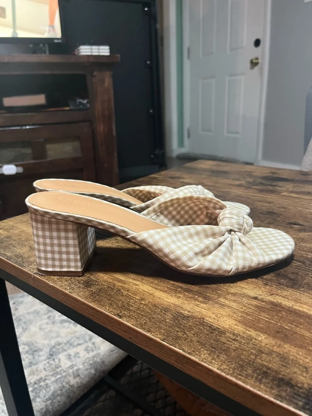 J.Crew Gingham Knot Slide Sandals Block Heel Tan & White Size 10